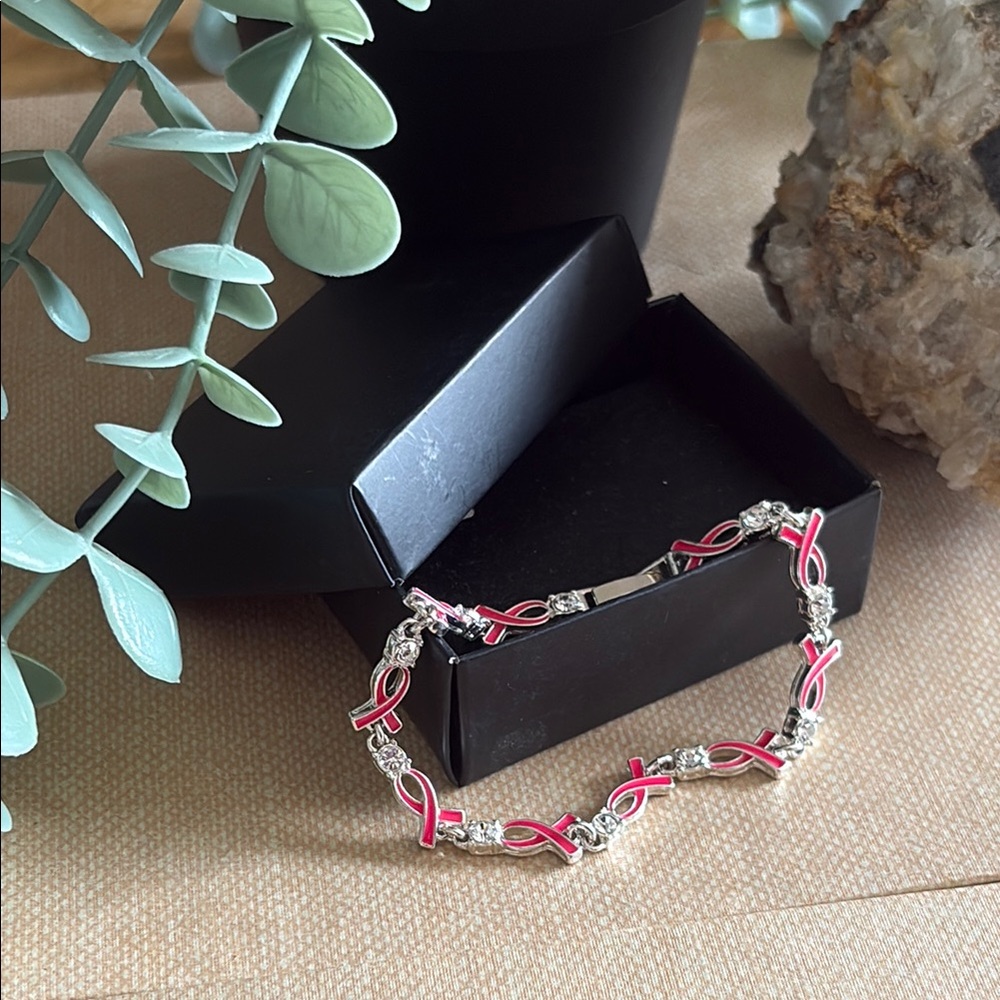 Avon Pink Ribbon Tennis Awareness Bracelet Clear Rhinestone 7.5 - 8.5 inch